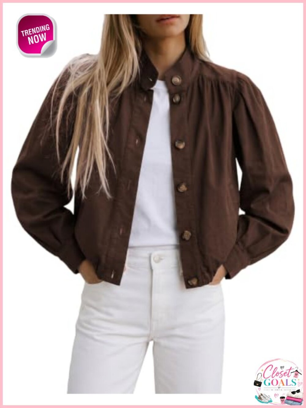 Cotton Cropped Puff Sleeve Jacket Button-Front Casual Outerwear